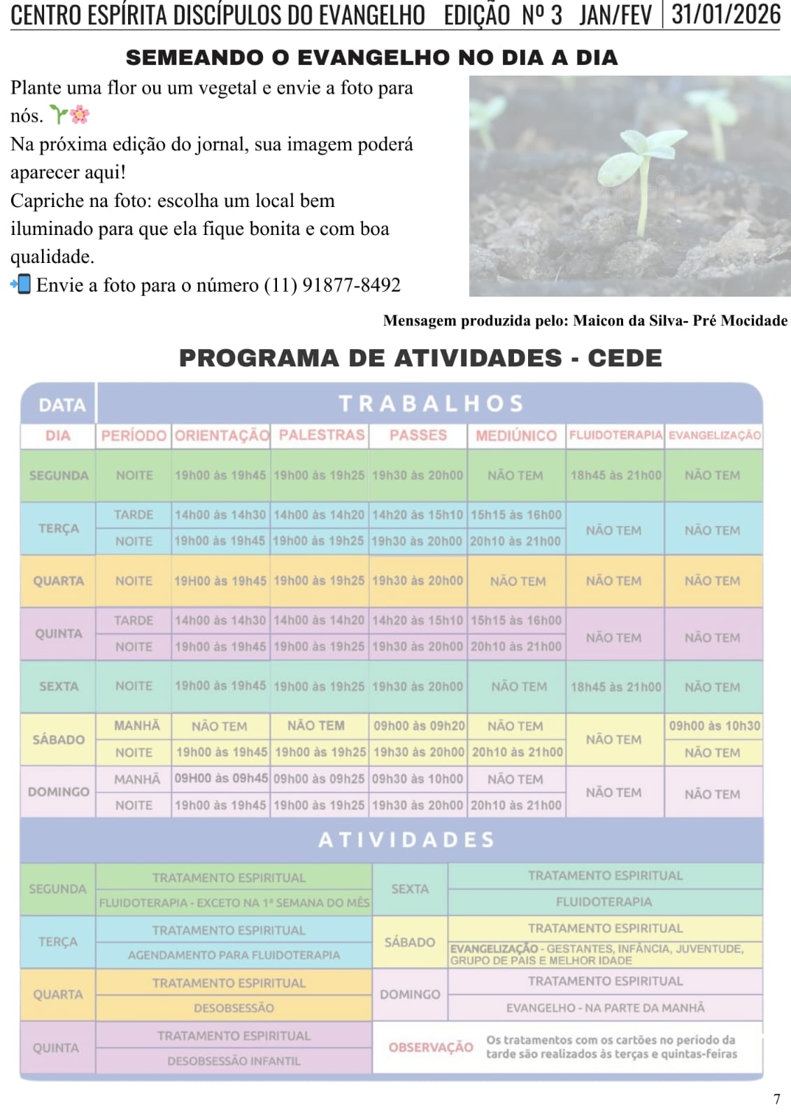 Semeando o Evangelho no dia a dia / Programação CEDE