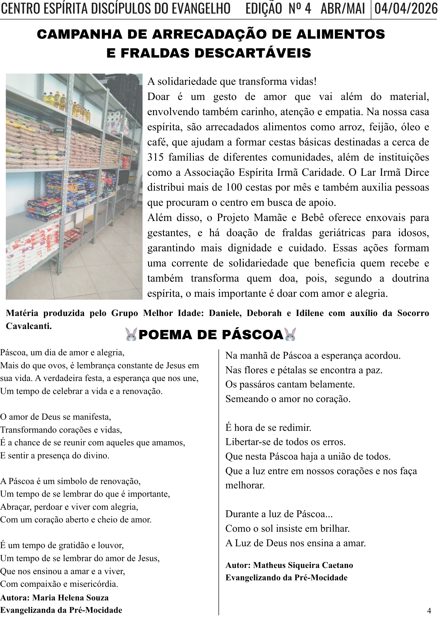 Campanha da arrecadação / Poema da Páscoa